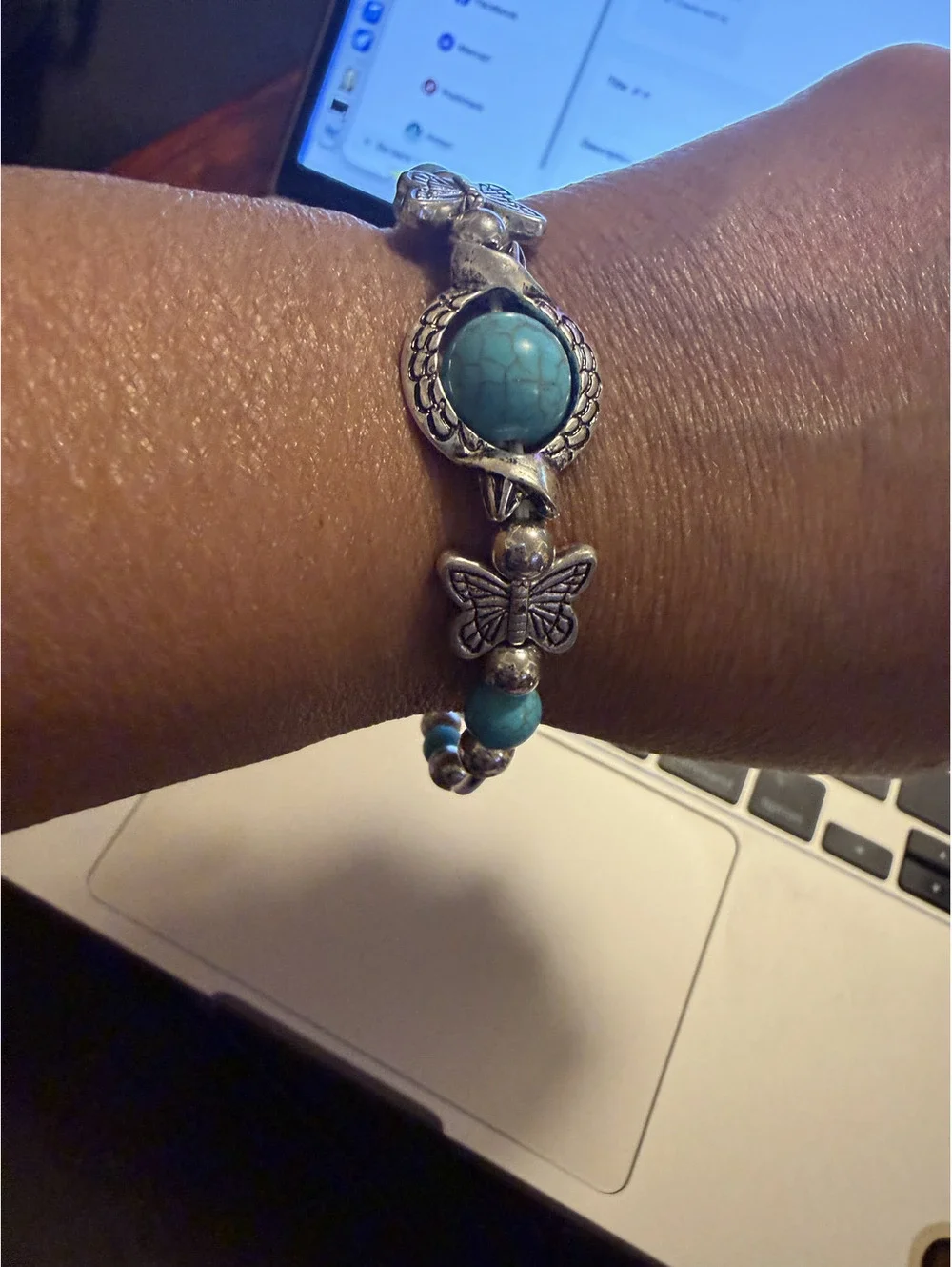 BRACELET Silver Tone Butterfly and Turquoise Beaded Bracelet